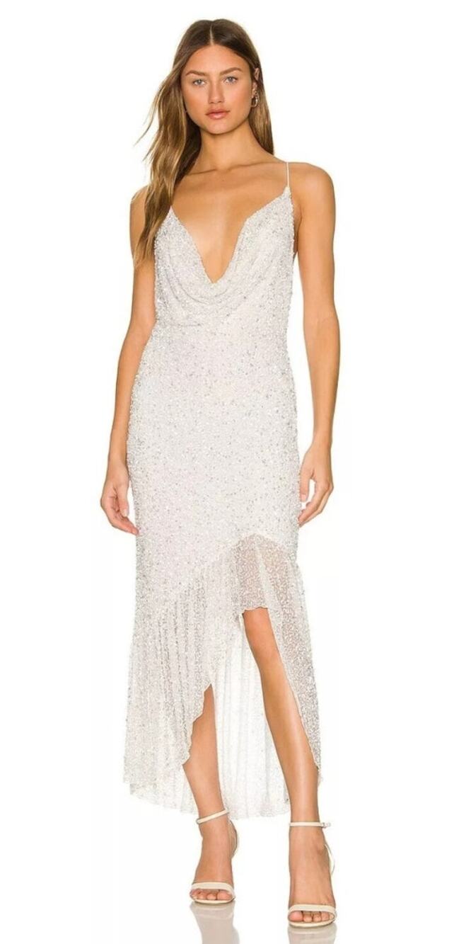 Retrofete Marley Sequin Maxi Dress In White Size Large NWT Draped Neckline